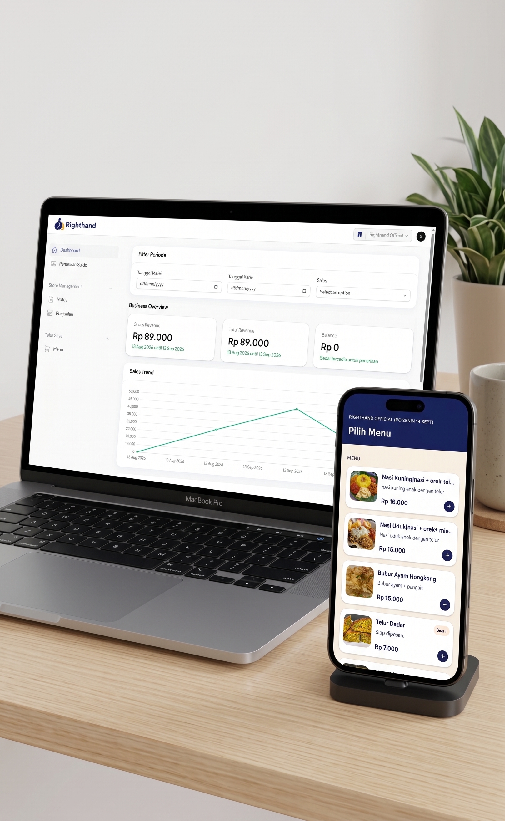 Righthand dashboard on a laptop and food ordering page on a phone